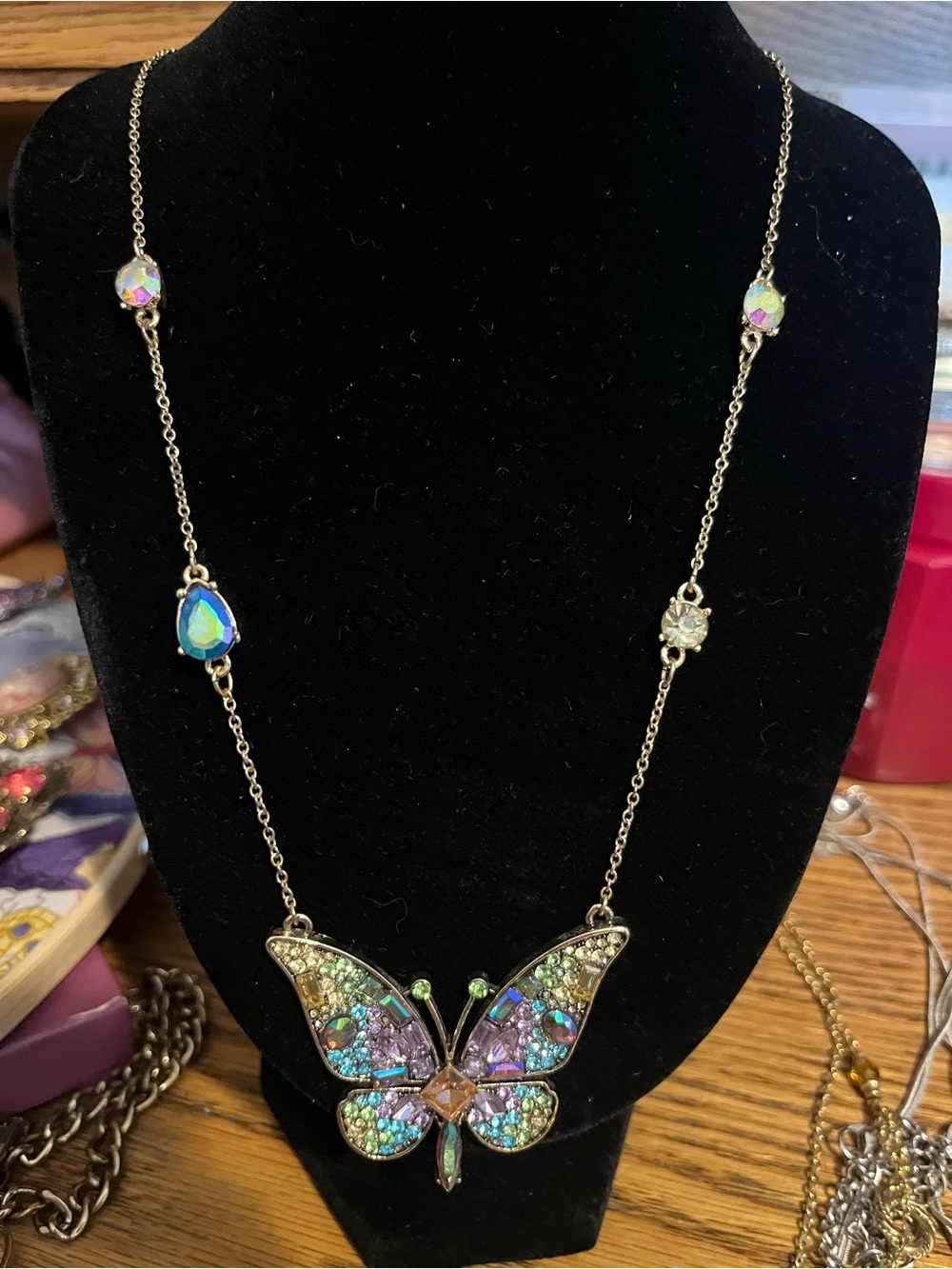 Betsey Johnson Gold Butterfly Pendant Necklace with Iridescent Gems